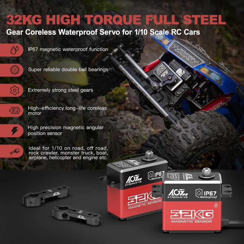 AGFRC 32KG IP67-Waterproof RC-Servo High-Torque - Full Metal Gear Coreless Steering Servo for 1/10 RC Car Boat Crawler, Control Angle 180Â° (A73CHLW V2) - Image 3